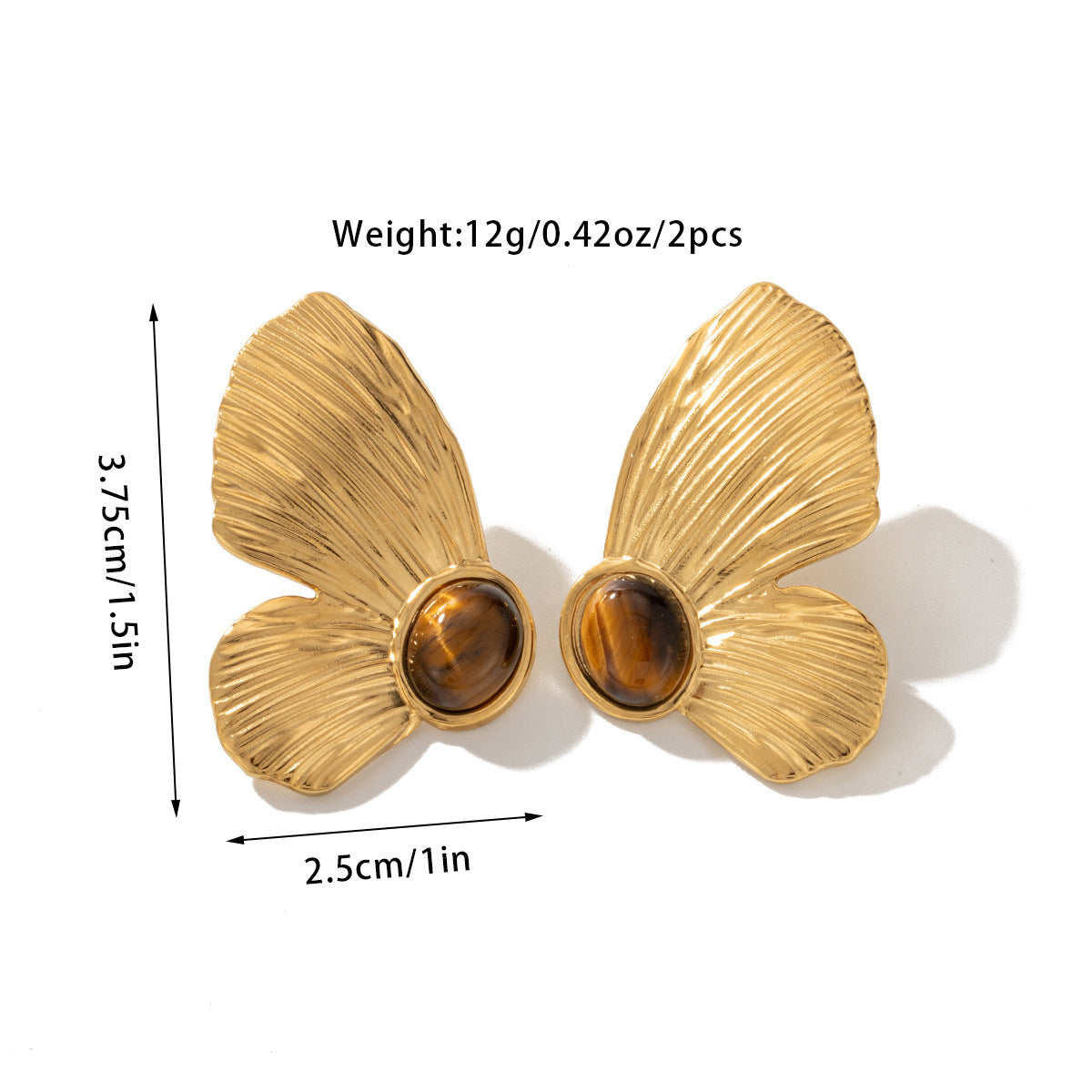 Retro Geometric Butterfly Tiger Eye 18K Gold Plated Titanium Steel Stud Earrings
