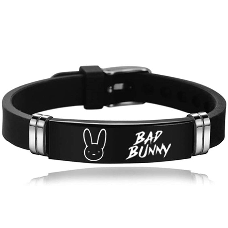 Unisex Vintage Rabbit Engraved Stainless Steel Silicone Bracelet