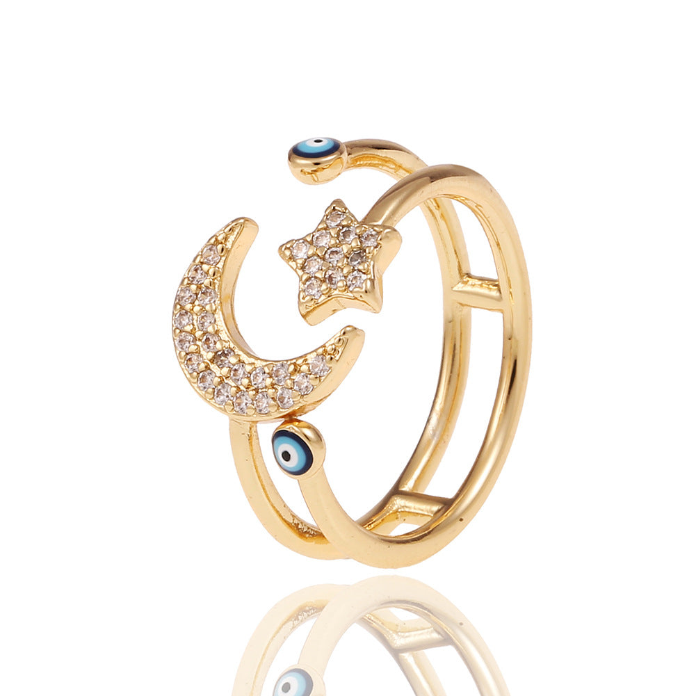 Fashion Geometric Devil's Eye Star Open Ring with Rhinestone Plated Zircon Copper