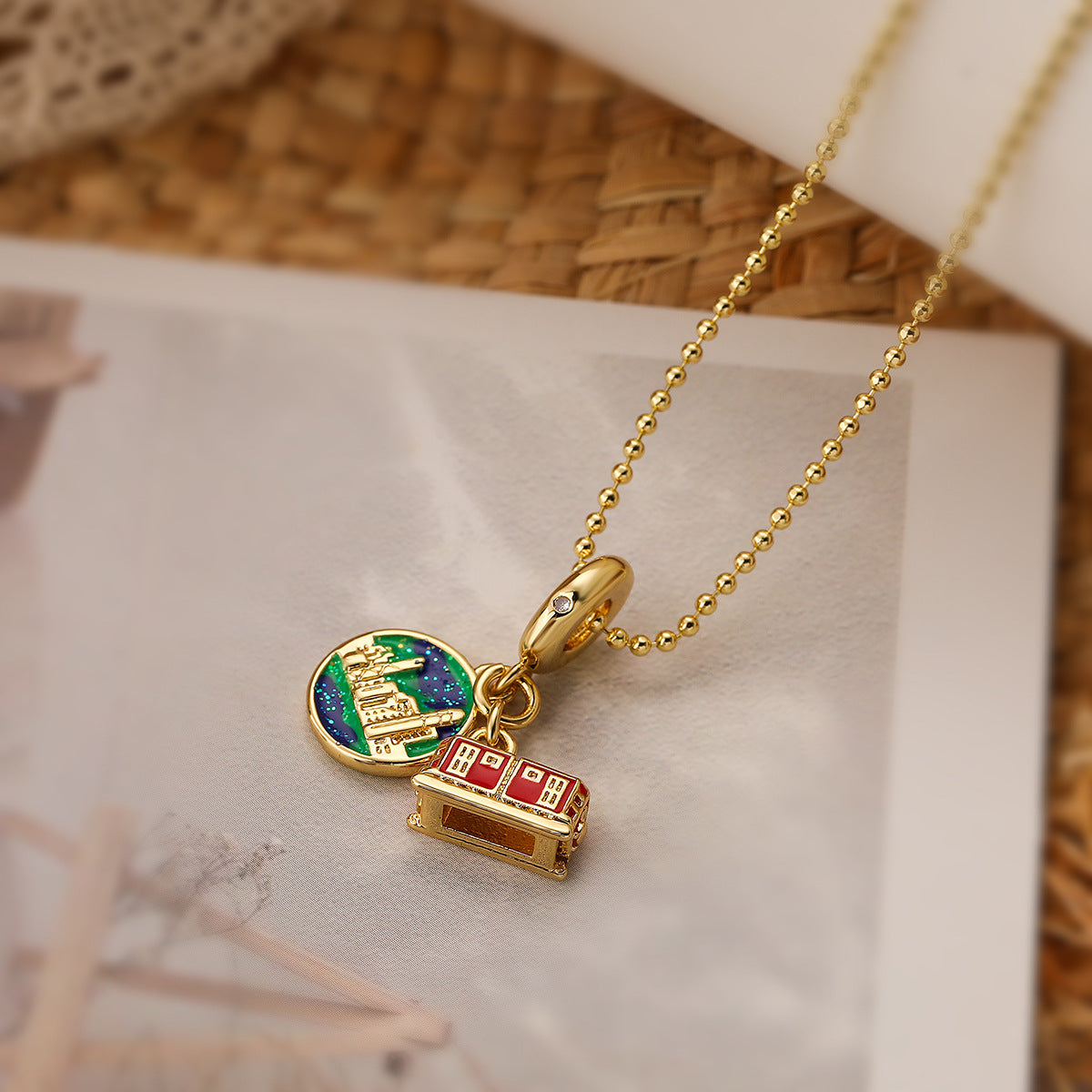 Vacation Streetwear Airplane and Camera Pendant Necklace with Zircon Inlay and 18K Gold Plating