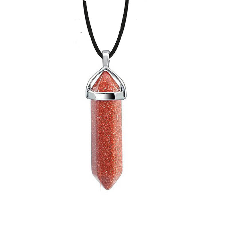 Hexagon Prism Natural Stone Leather Rope Necklace with Quartz Point Pendant