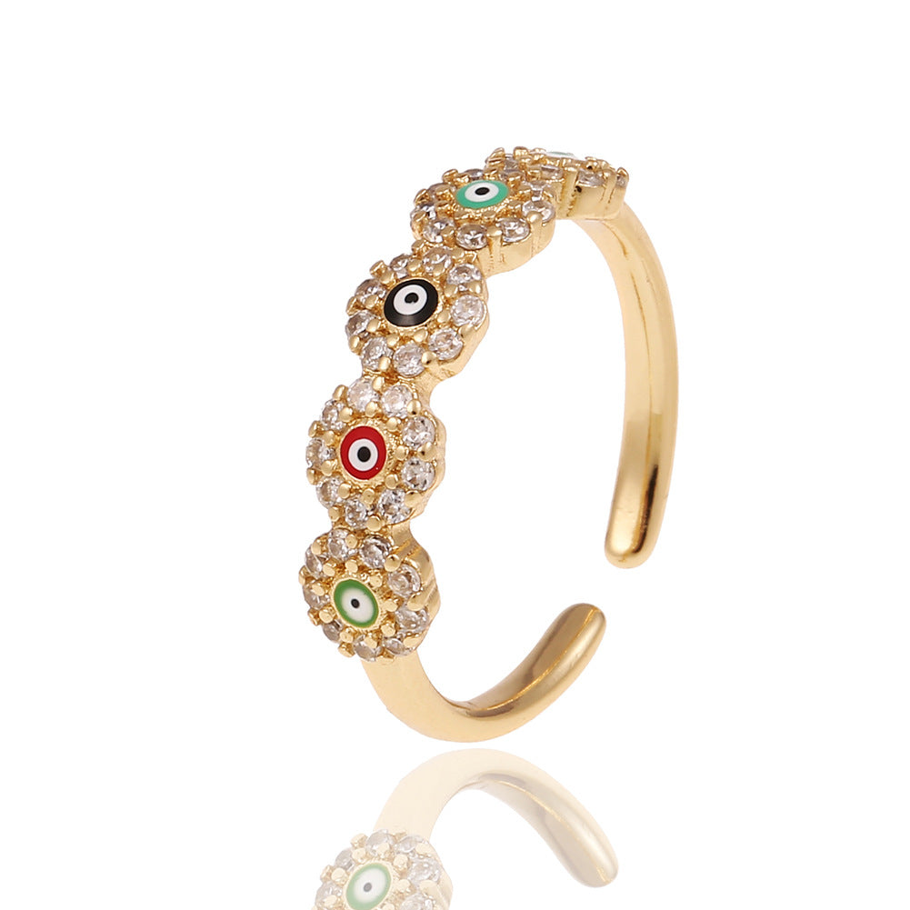 Fashion Geometric Devil's Eye Star Open Ring with Rhinestone Plated Zircon Copper