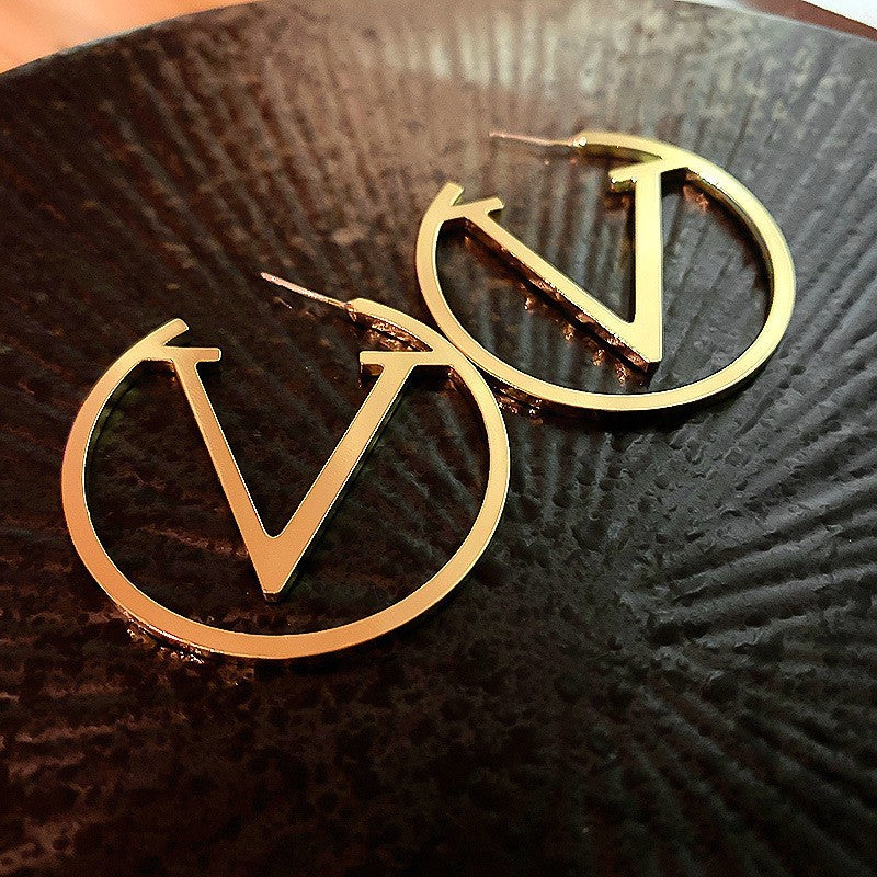 Circle Letter V Earrings - Black and White Statement Hoops for Women