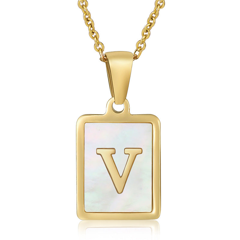 Stainless Steel Alphabet Pendant Necklace with Inlay Shell and 18K Gold Plating