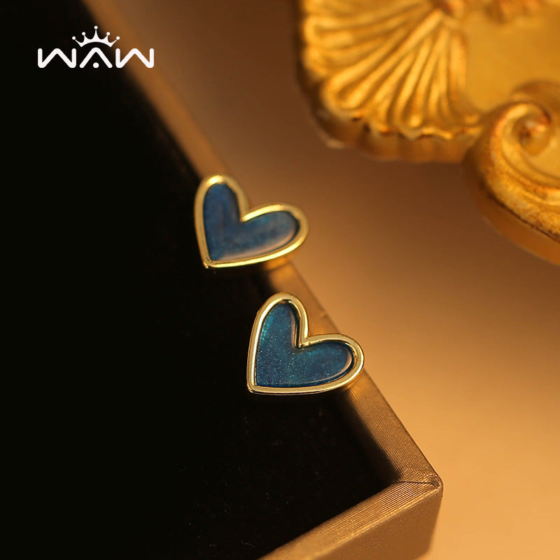 Klein Blue Heart Stud Earrings 925 Silver Needle Retro Chic Lightweight Earrings