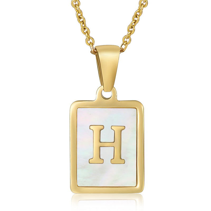 Stainless Steel Alphabet Pendant Necklace with Inlay Shell and 18K Gold Plating