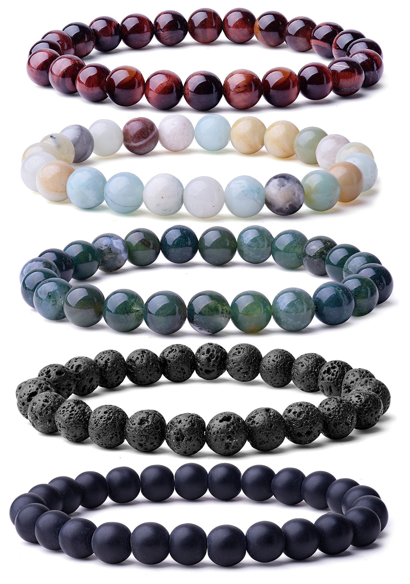 Geometric Natural Stone Agate and Tiger Eye Beaded Unisex Bracelet Set