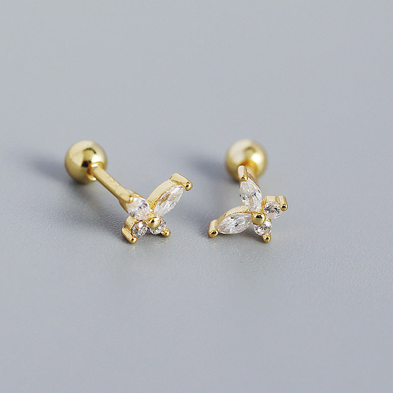 S925 Sterling Silver Butterfly Zircon Screw Back Stud Earrings