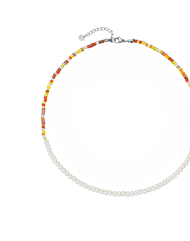 Korean Colorful Flower Earrings and Beaded Pearl Necklace Set for Women