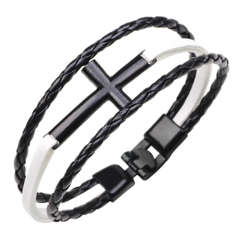 Three-Color Braided Leather Bracelet with Metal Cross Design