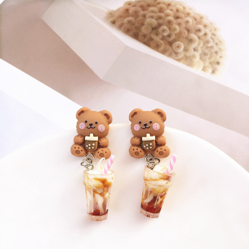 Creative Ice Cream Pearl Milk Tea Bear Strawberry Resin Earrings