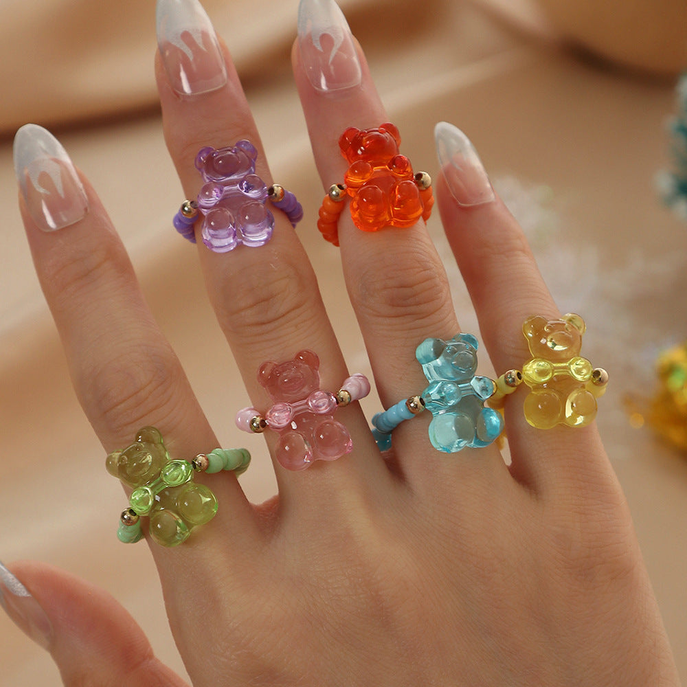 Vintage Miyuki Beaded Jelly Bear Adjustable Rings Set - 6 Pieces