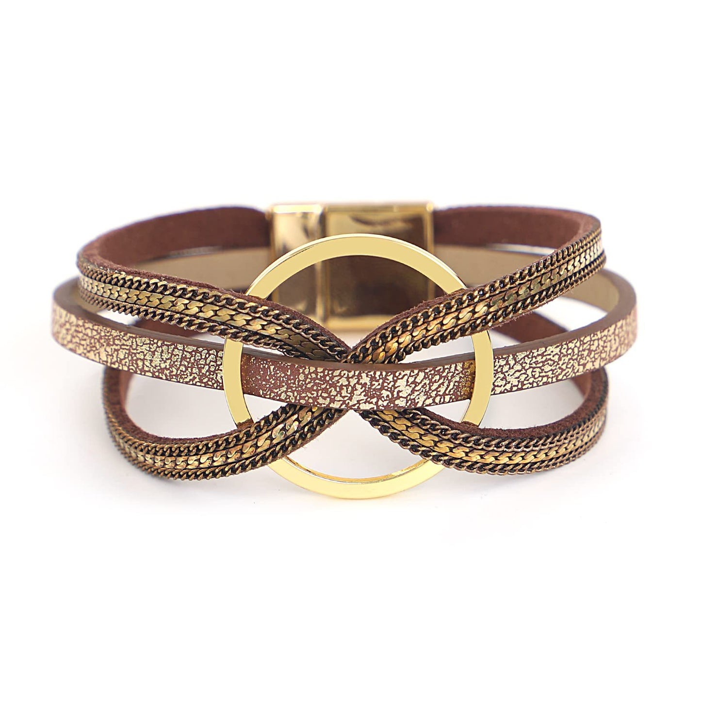 Multilayer Geometric Alloy Circle Magnetic Leather Bracelet for Women