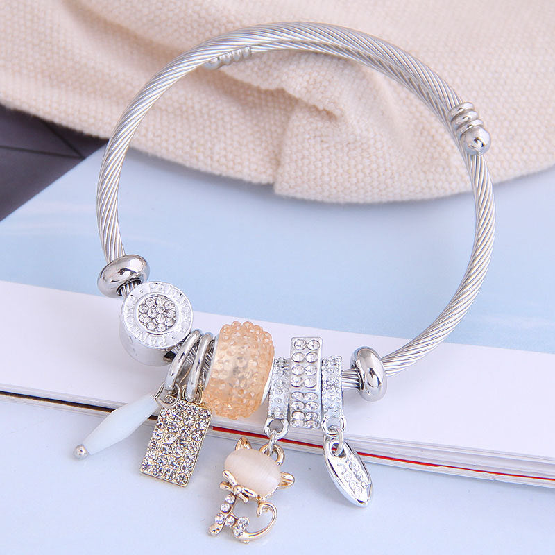 Bohemian Vintage Stainless Steel Cat Pendant Bracelet - Fashion Metal Multi-Element Accessories