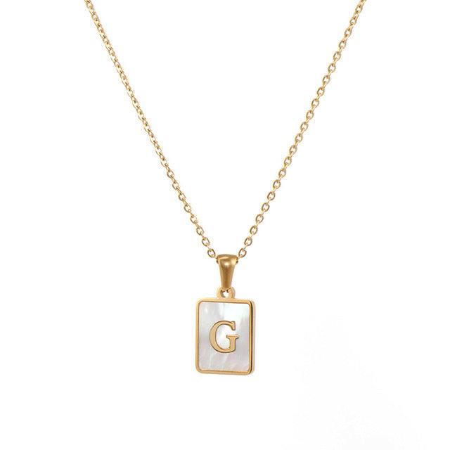 Unisex 18k Gold Plated Stainless Steel Letter Pendant Necklace with White Shell Accents