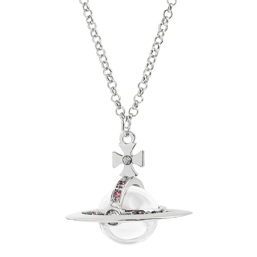Heart Shape Alloy Pendant Necklace with Rhinestone Inlay and Glass Planet Charm