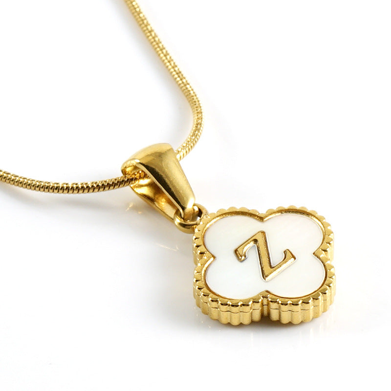 Clover Shell Letter Pendant Gold Plated Stainless Steel Snake Chain Necklace