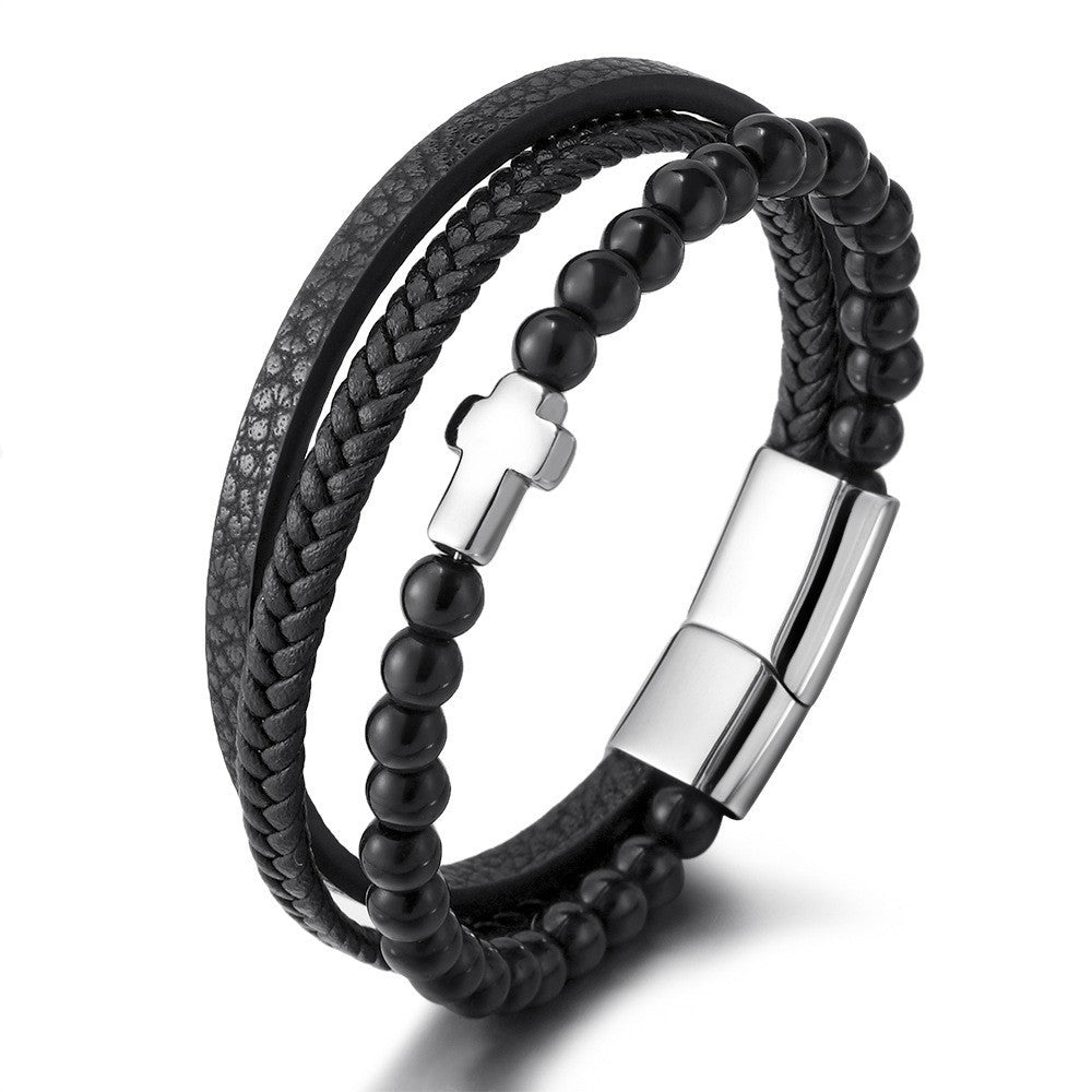 Geometric Titanium Steel Cross Layered Bracelet with Natural Tiger Eye Stone