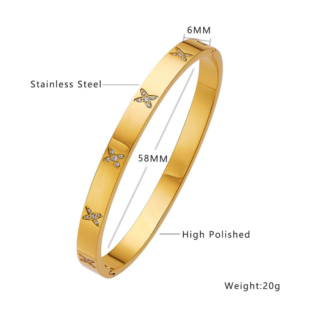Simple Heart Shape Diamond Gold-Plated Titanium Steel Bangle Bracelet