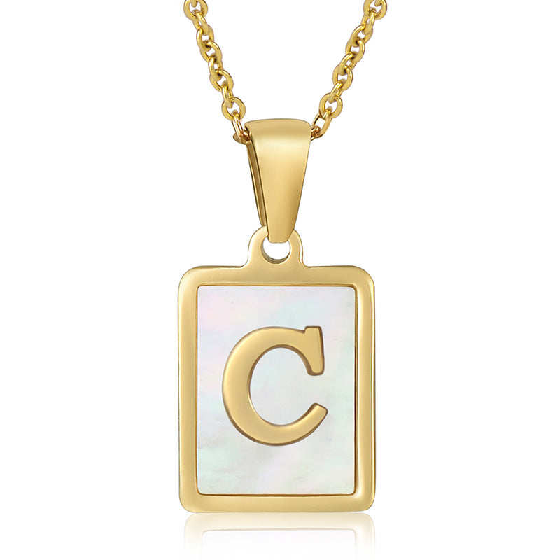 Stainless Steel Alphabet Pendant Necklace with Inlay Shell and 18K Gold Plating