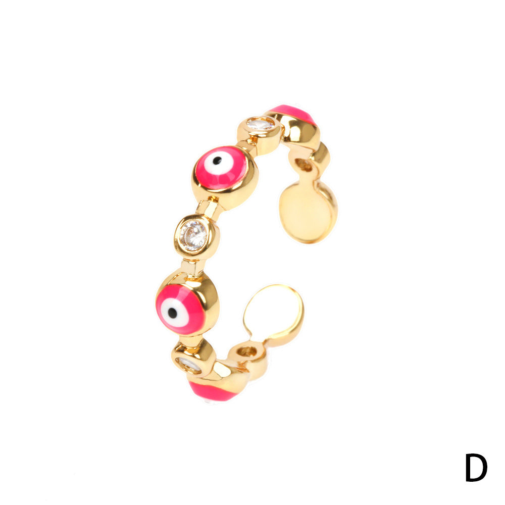 Fashion Zircon Evil Eye Colorful Enamel Open Ring