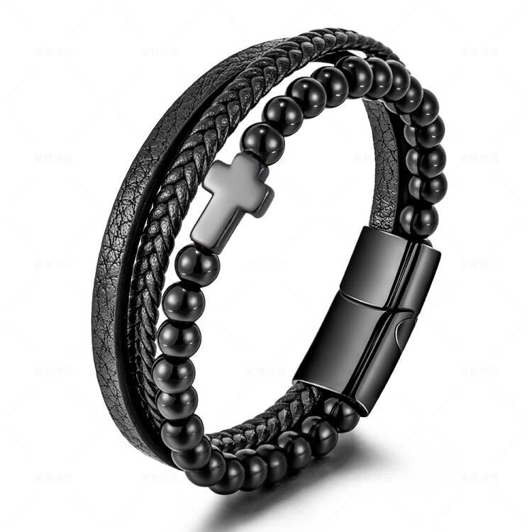 Geometric Titanium Steel Cross Layered Bracelet with Natural Tiger Eye Stone