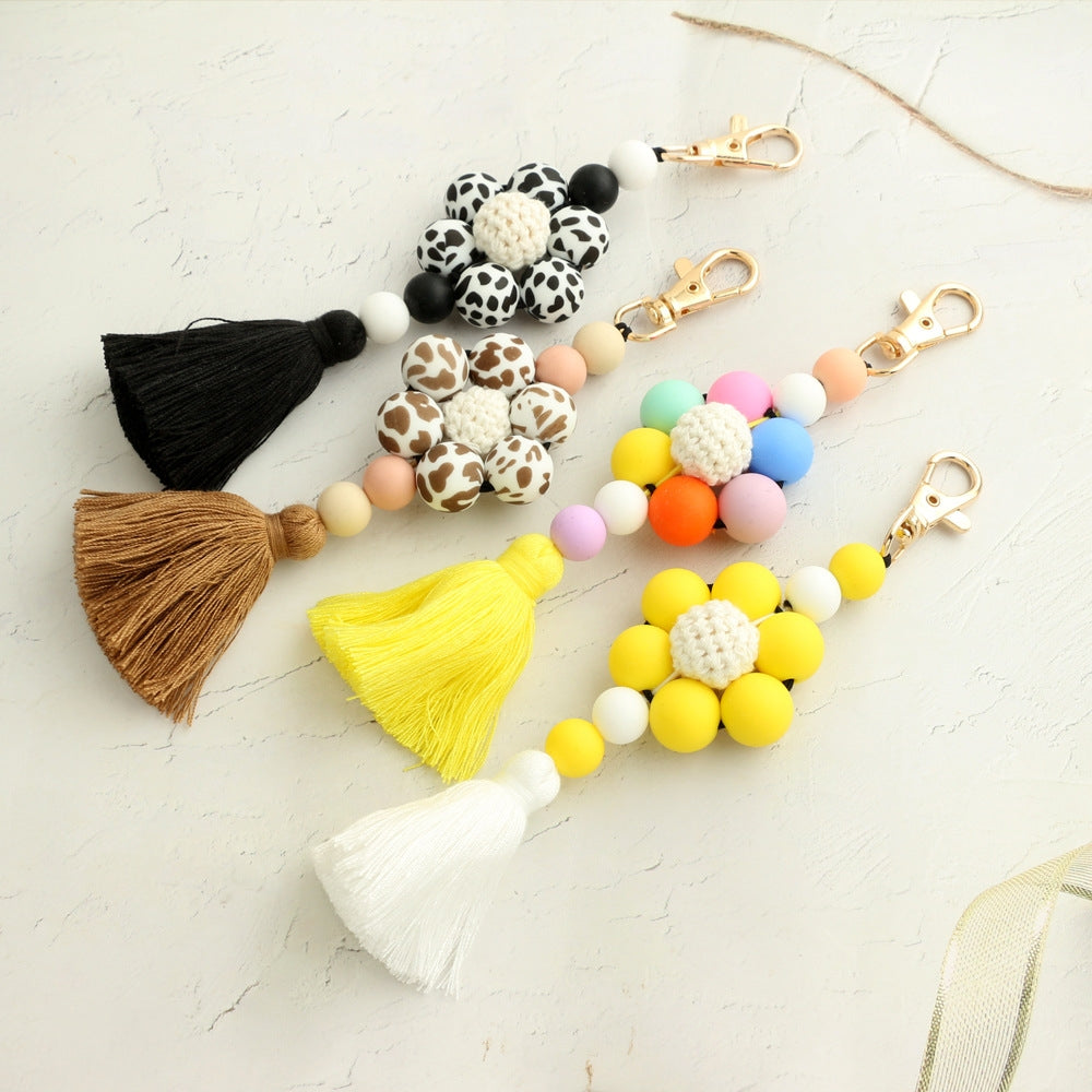 Pastoral Color Block Beaded Silicone Tassel Keychain for Women