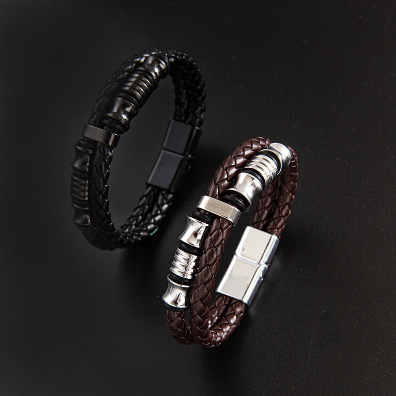 Punk Stainless Steel PU Leather Braided Magnetic Clasp Men's Bracelet