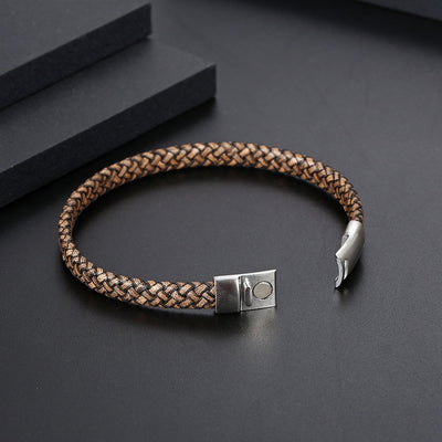 Retro Color Block Stainless Steel Leather Men's Bangle with Magnetic Buckle