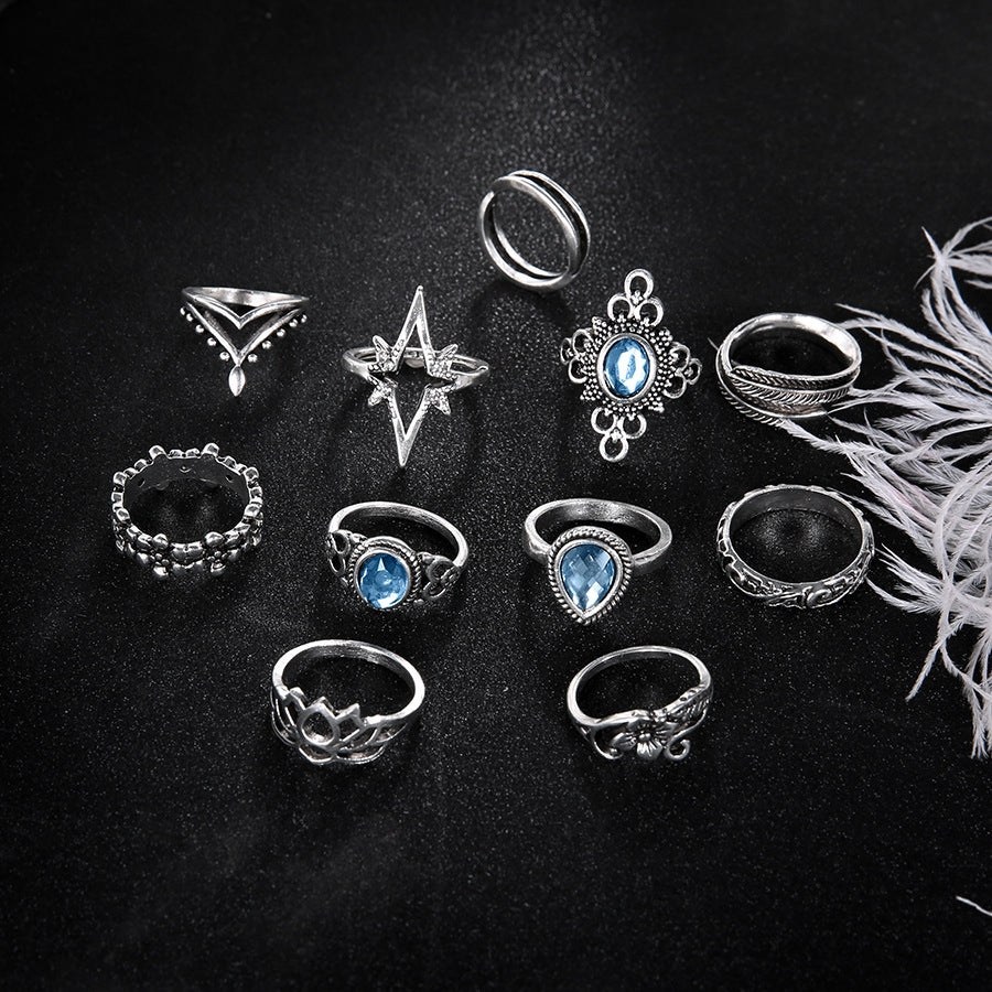Retro Bohemian Feather Turquoise Gemstone Ring Set - 11 Pieces