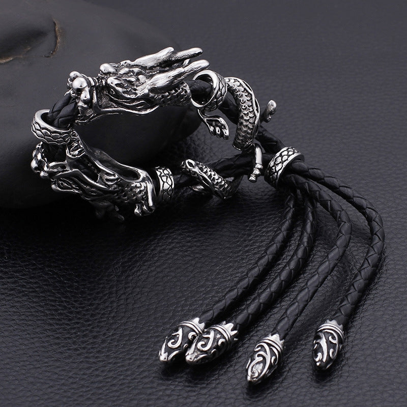 Retro Dragon Head Stainless Steel Leather Men's Adjustable Bracelet