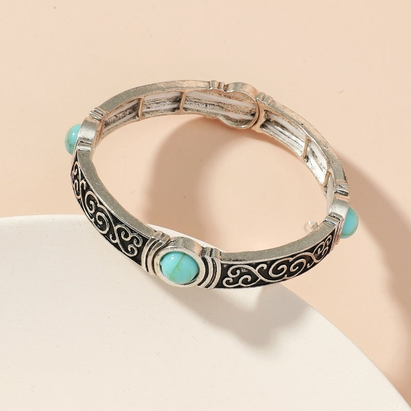 Retro Ethnic Geometric Turquoise Carved Women's Bangle Bracelet