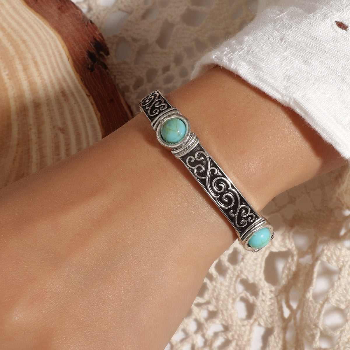 Retro Ethnic Geometric Turquoise Carved Women's Bangle Bracelet