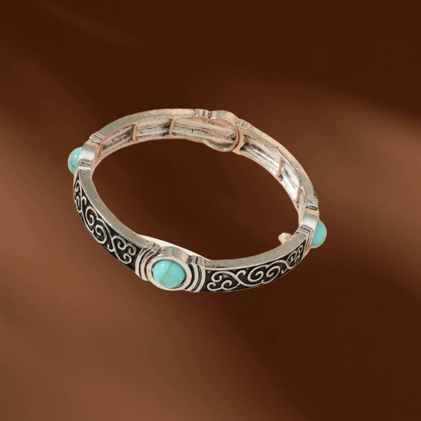Retro Ethnic Geometric Turquoise Carved Women's Bangle Bracelet