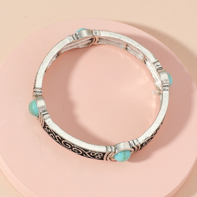 Retro Ethnic Geometric Turquoise Carved Women's Bangle Bracelet