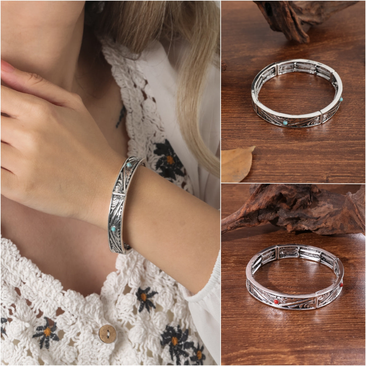 Retro Bohemian Turquoise Inlay Geometric Alloy Bangle Bracelet