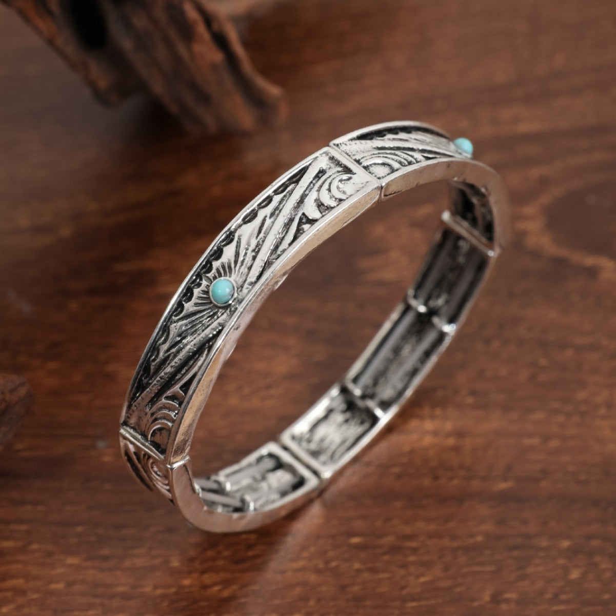 Retro Bohemian Turquoise Inlay Geometric Alloy Bangle Bracelet