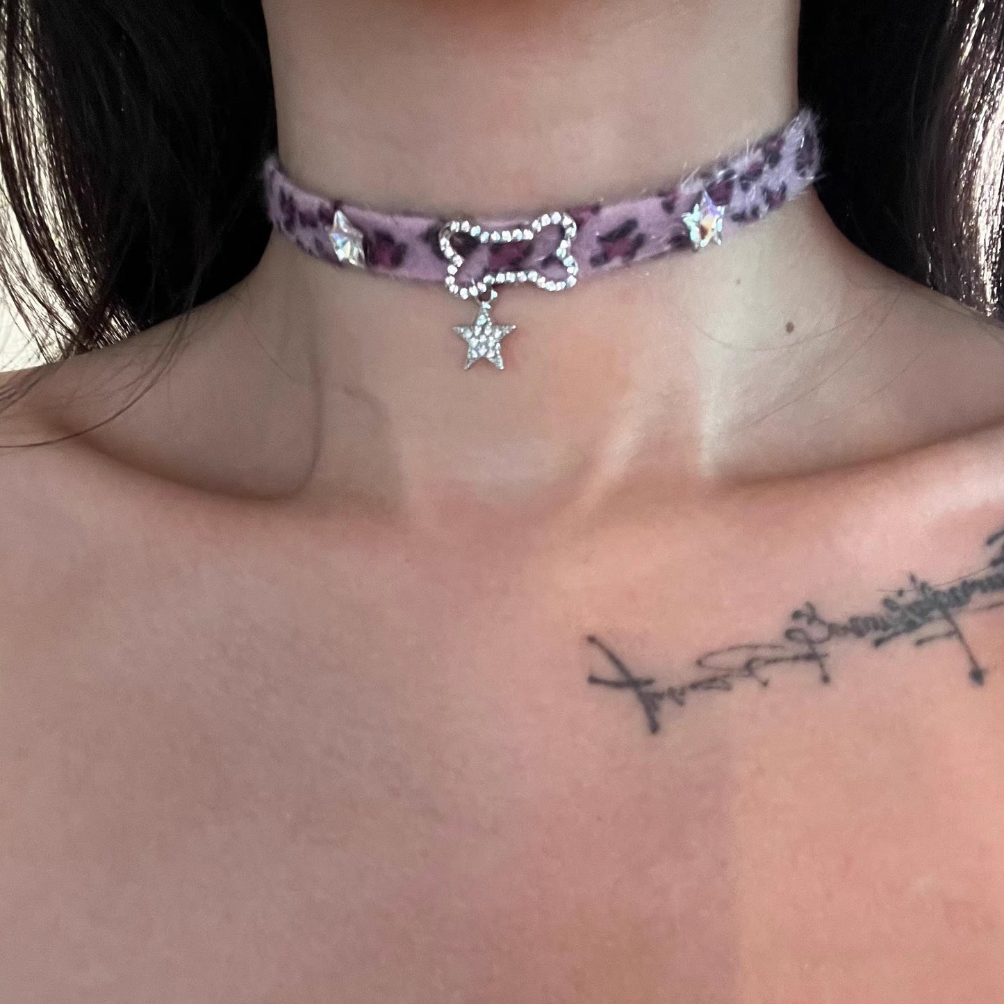 Retro Purple Furry Pentagram Choker Necklace with Rhinestones and Synthetic Alloy Design