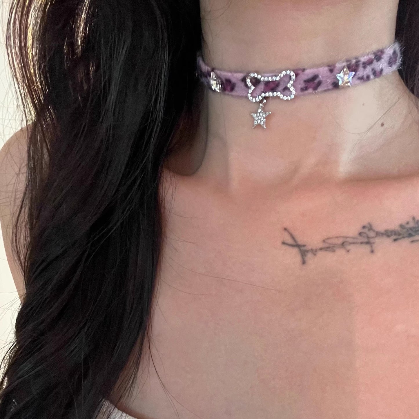 Retro Purple Furry Pentagram Choker Necklace with Rhinestones and Synthetic Alloy Design