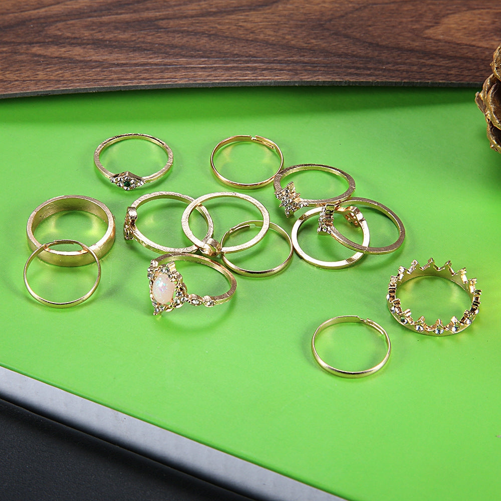 Retro Opal Crown & Diamond Star Moon 13-Piece Ring Set