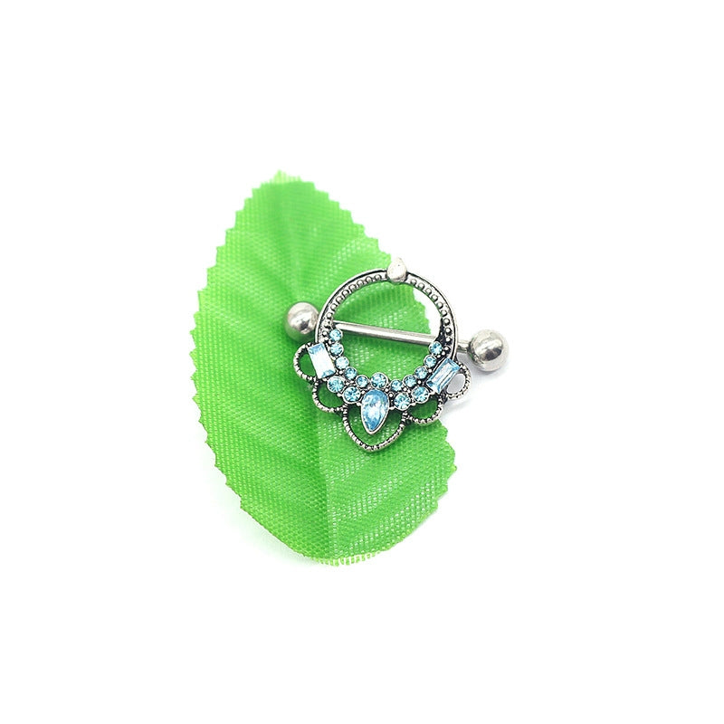 Rock Round Stainless Steel Glass Inlay White Gold Plated Nipple Ring