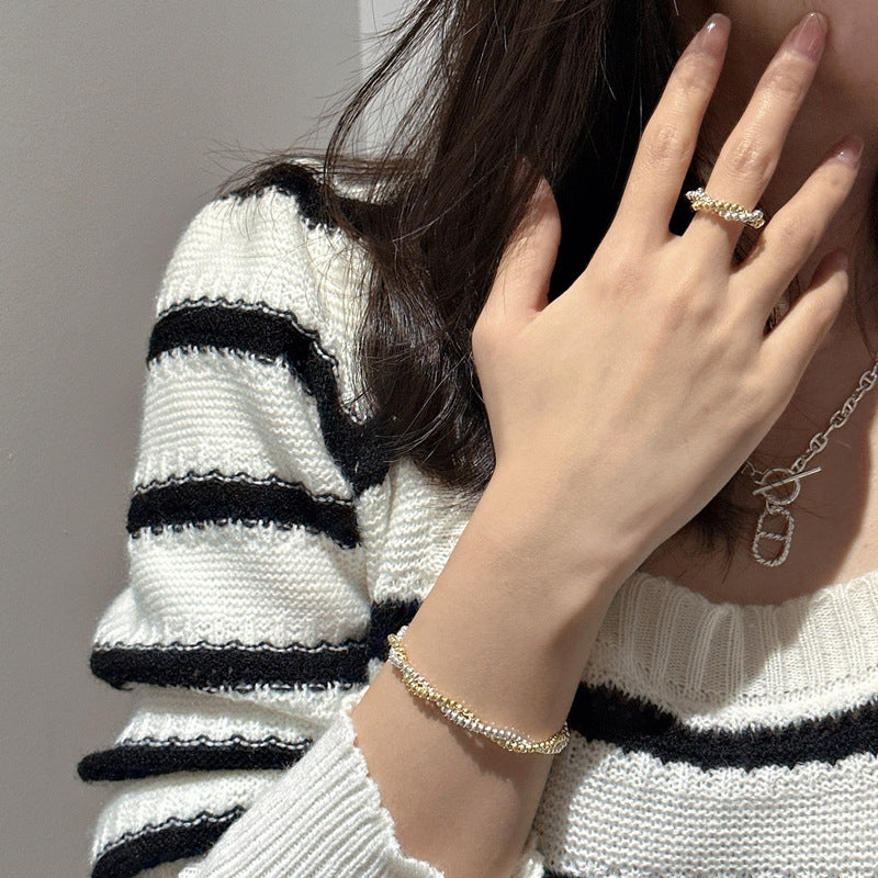 S925 Sterling Silver Twisted Gold and Silver Contrast Ball Ring with Simple Elastic String Design