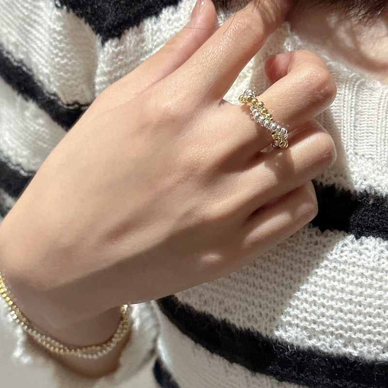 S925 Sterling Silver Twisted Gold and Silver Contrast Ball Ring with Simple Elastic String Design