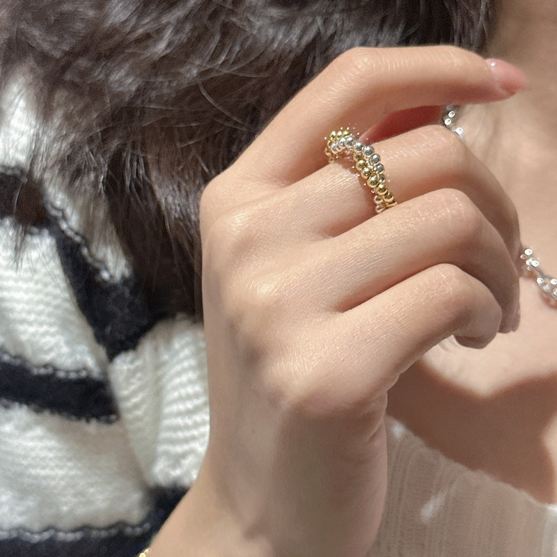 S925 Sterling Silver Twisted Gold and Silver Contrast Ball Ring with Simple Elastic String Design