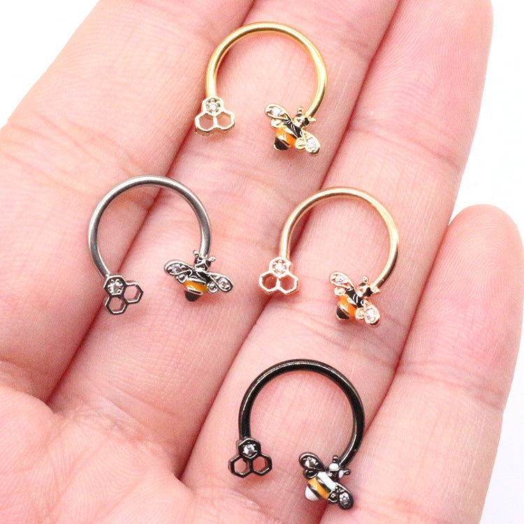 Sexy Animal Stainless Steel Titanium Luminous Beaded Nose Ring with Bee Horseshoe Design