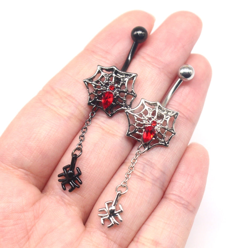 Gothic Heart Bat Spider Web Zircon Belly Ring Stainless Steel Silver Plated