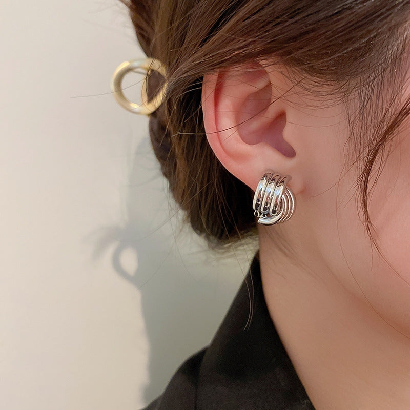 Geometric Staggered Alloy Silver Needle Earrings for Women