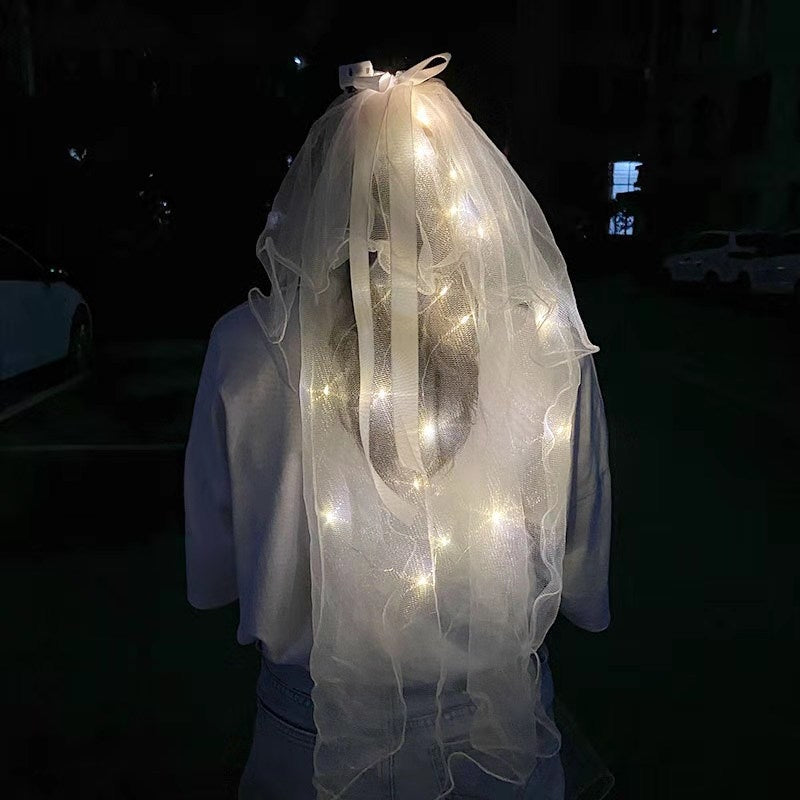 Simple Bow Knot LED Light-Up Birdcage Veil with Pearls and Ribbon