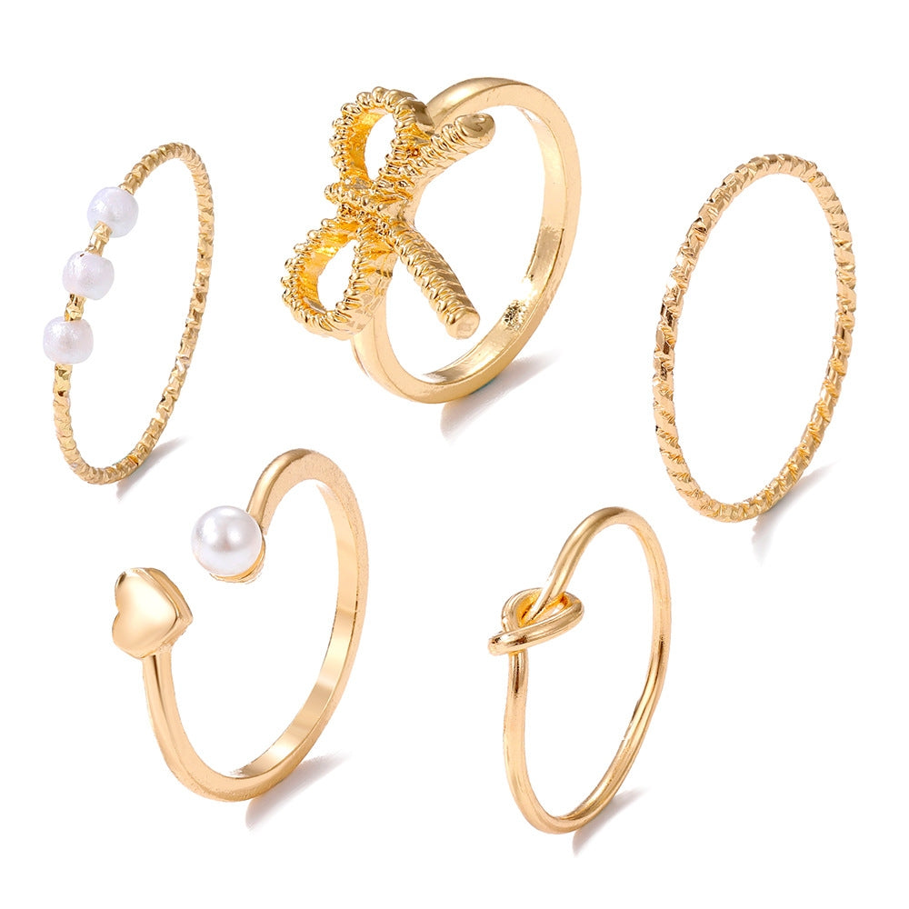 Elegant Heart Bow Knot & Pearl Geometric Ring Set for Women