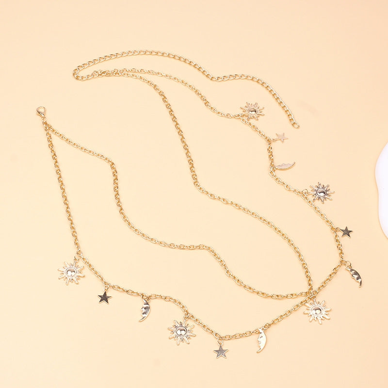 Simple Style Solid Color Alloy Women's Chain Belt with Sun and Moon Body Chain Design